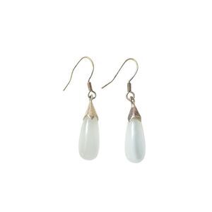 Elegant White Cats Eye Teardrop Dangle Earrings Solid Sterling Silver 925 Hook